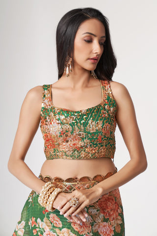 Green Organza Saree with Sequin Embroidery and Digital Print ClothsVilla