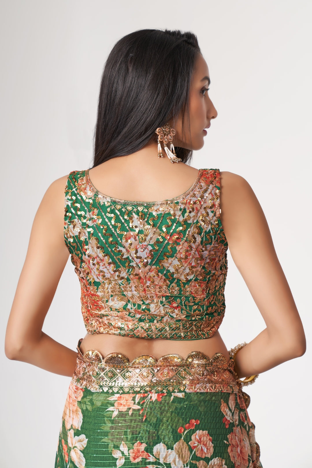 Green Organza Saree with Sequin Embroidery and Digital Print ClothsVilla