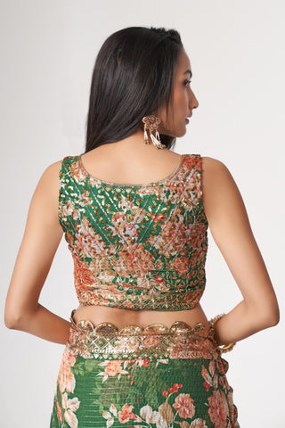 Green Organza Saree with Sequin Embroidery and Digital Print ClothsVilla