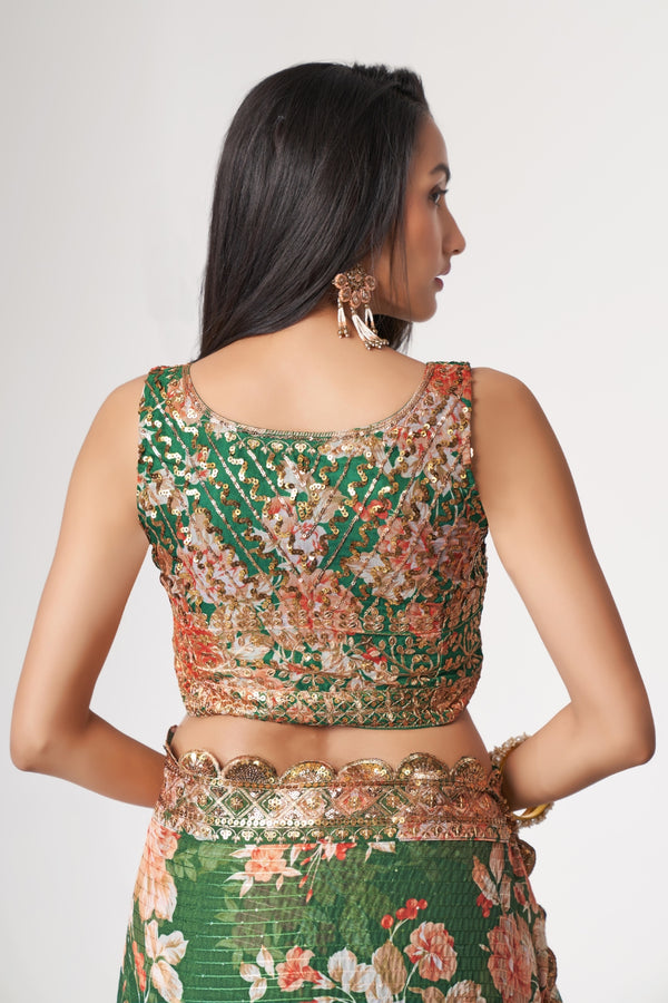 Green Organza Saree with Sequin Embroidery and Digital Print ClothsVilla
