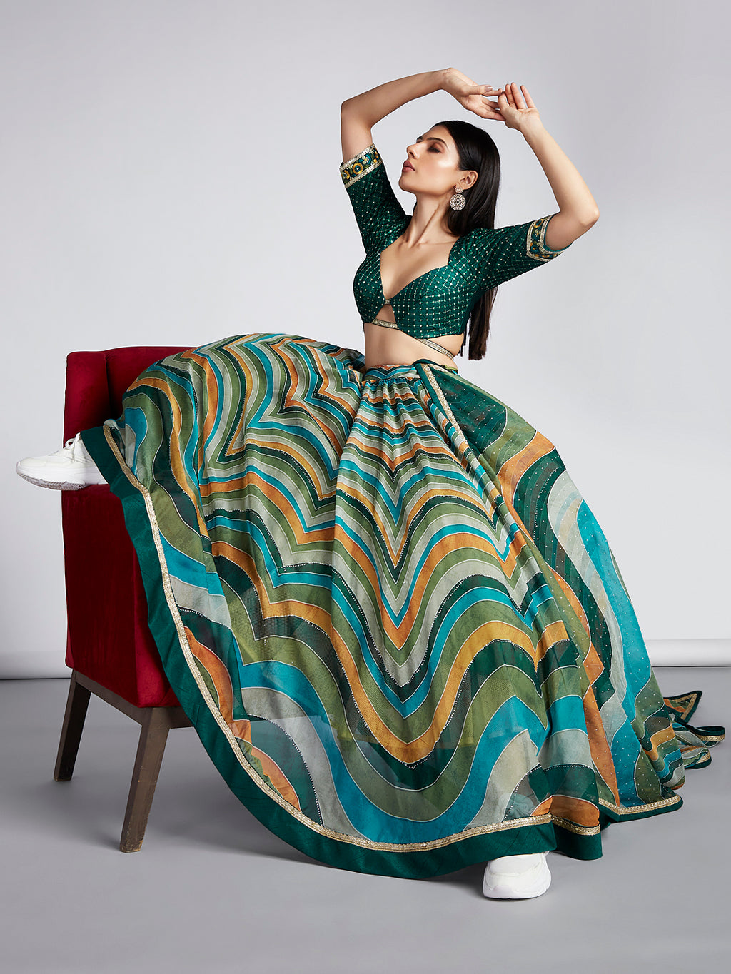 Green Organza siroski stone work Leheriya print Semi-Stitched Lehenga choli & Dupatta ClothsVilla