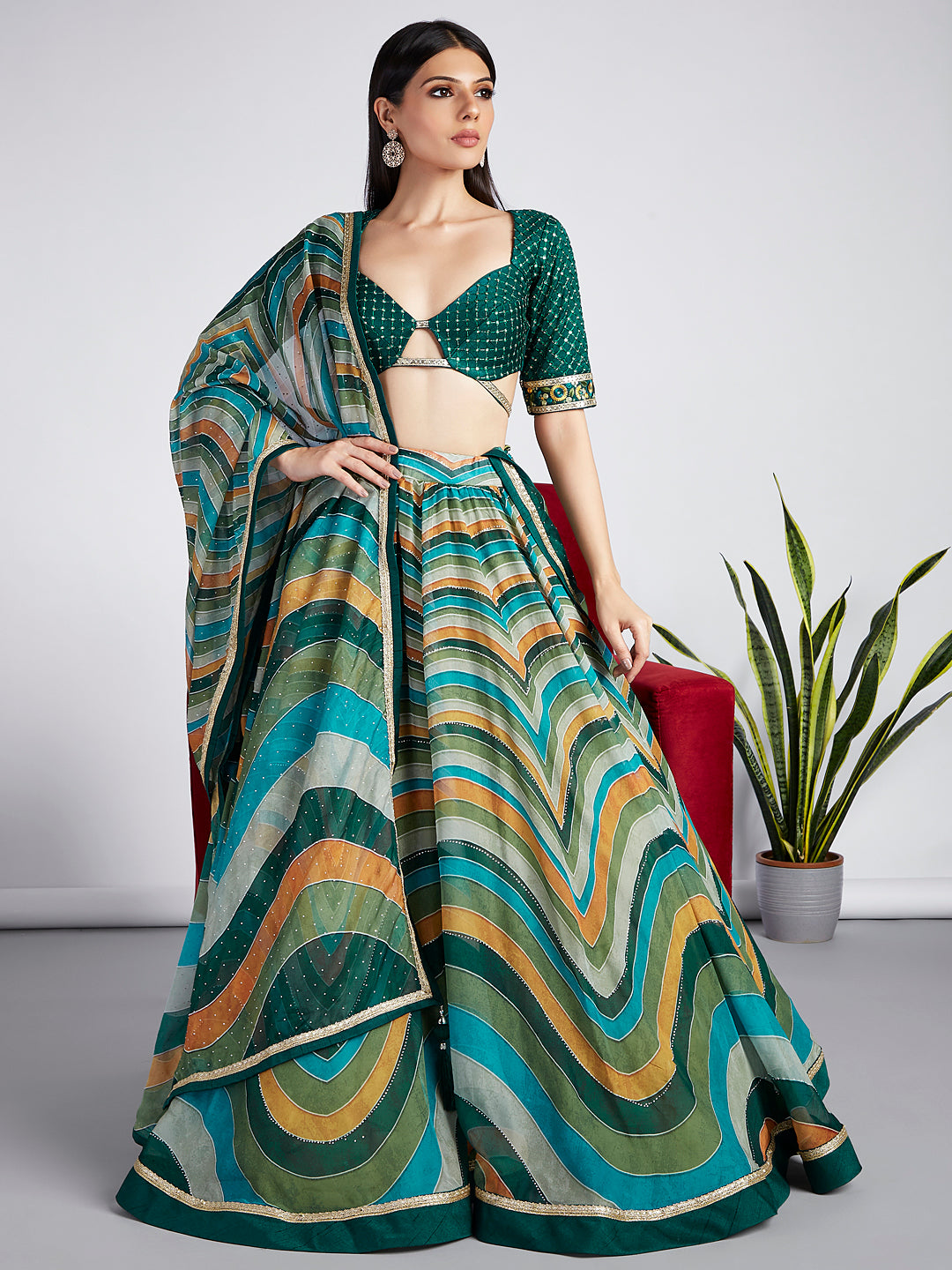 Green Organza siroski stone work Leheriya print Semi-Stitched Lehenga choli & Dupatta ClothsVilla