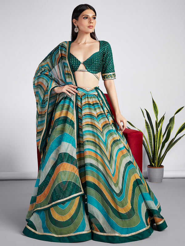 Green Organza siroski stone work Leheriya print Semi-Stitched Lehenga choli & Dupatta ClothsVilla