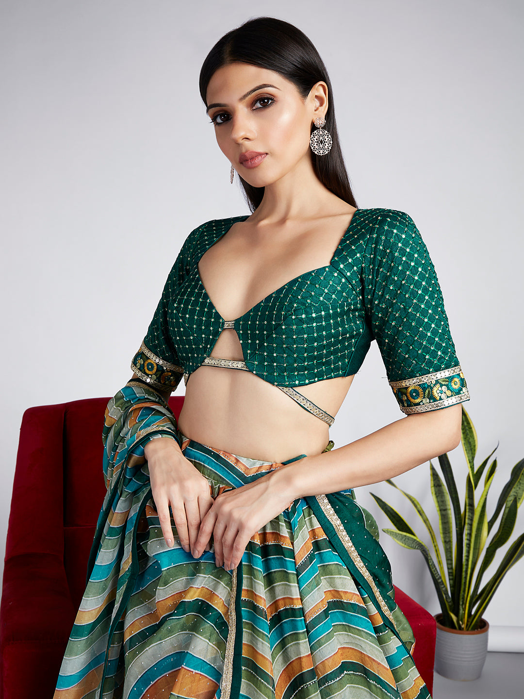 Green Organza siroski stone work Leheriya print Semi-Stitched Lehenga choli & Dupatta ClothsVilla