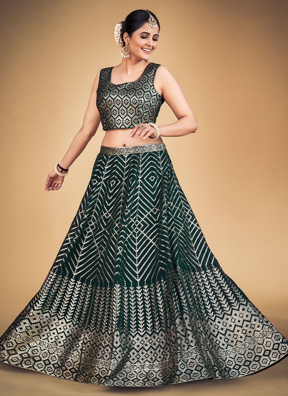 Green Pakistani Georgette Lehenga Choli For Indian Festivals & Weddings - Sequence Embroidery Work, Clothsvilla
