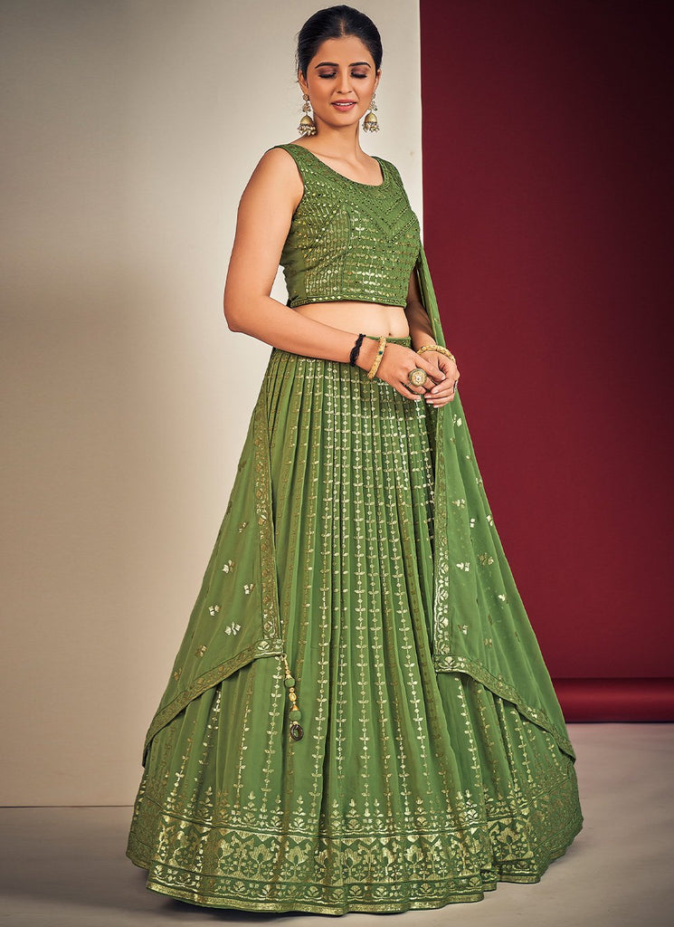 Green Pakistani Georgette Lehenga Choli For Indian Festivals & Weddings - Sequence Embroidery Work, Mirror Work Clothsvilla