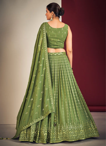 Green Pakistani Georgette Lehenga Choli For Indian Festivals & Weddings - Sequence Embroidery Work, Mirror Work Clothsvilla