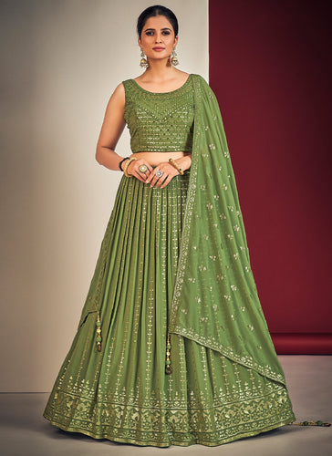 Green Pakistani Georgette Lehenga Choli For Indian Festivals & Weddings - Sequence Embroidery Work, Mirror Work Clothsvilla