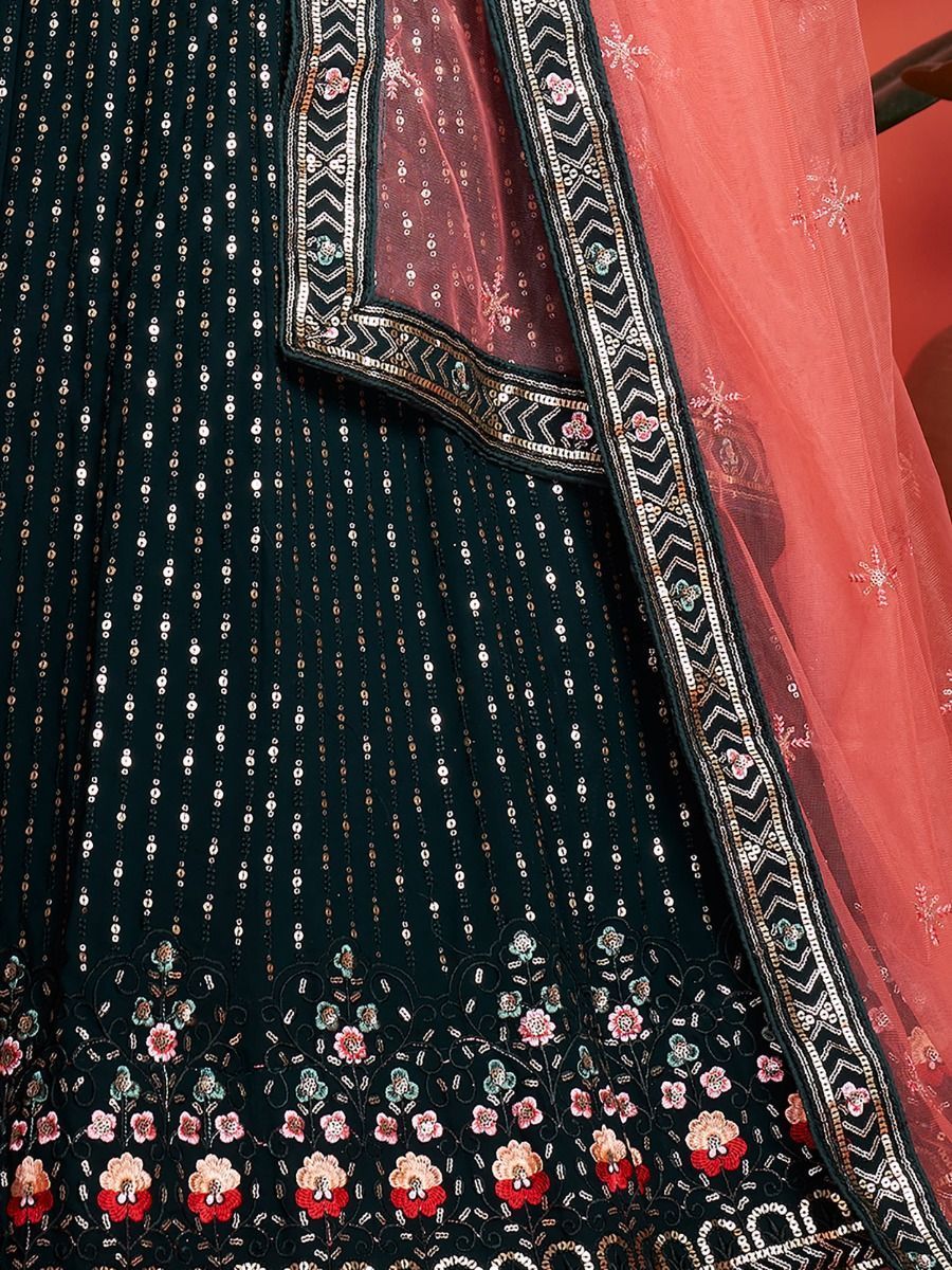 Green Pakistani Georgette Lehenga Choli For Indian Festivals & Weddings - Sequence Embroidery Work, Thread Embroidery Work, Clothsvilla