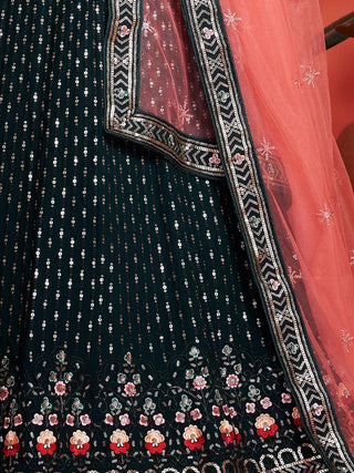 Green Pakistani Georgette Lehenga Choli For Indian Festivals & Weddings - Sequence Embroidery Work, Thread Embroidery Work, Clothsvilla