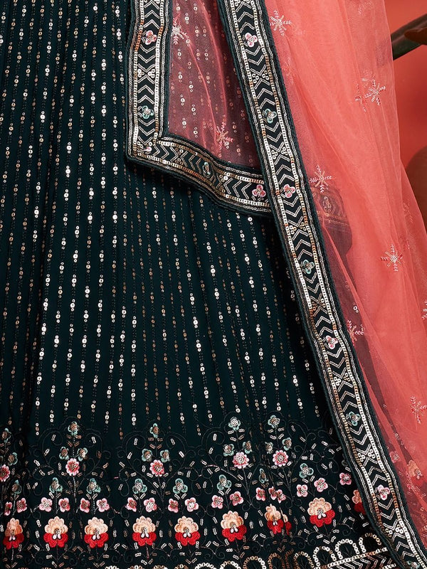 Green Pakistani Georgette Lehenga Choli For Indian Festivals & Weddings - Sequence Embroidery Work, Thread Embroidery Work, Clothsvilla