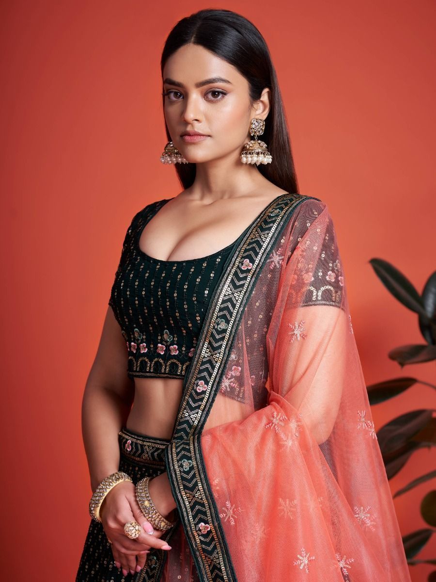Green Pakistani Georgette Lehenga Choli For Indian Festivals & Weddings - Sequence Embroidery Work, Thread Embroidery Work, Clothsvilla