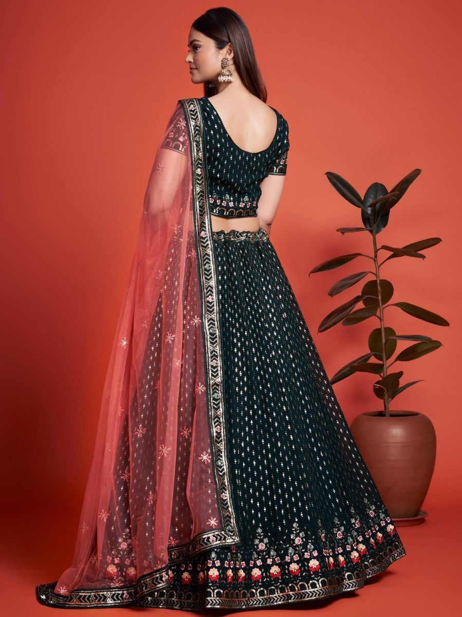 Green Pakistani Georgette Lehenga Choli For Indian Festivals & Weddings - Sequence Embroidery Work, Thread Embroidery Work, Clothsvilla