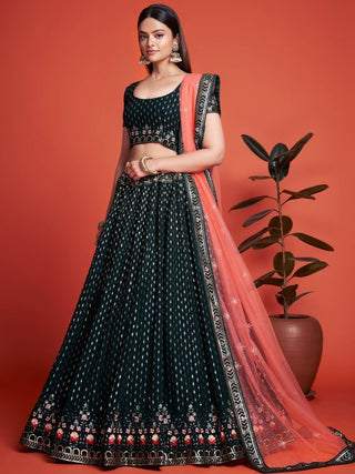Green Pakistani Georgette Lehenga Choli For Indian Festivals & Weddings - Sequence Embroidery Work, Thread Embroidery Work, Clothsvilla