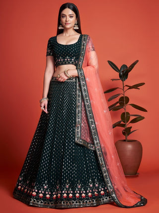 Green Pakistani Georgette Lehenga Choli For Indian Festivals & Weddings - Sequence Embroidery Work, Thread Embroidery Work, Clothsvilla