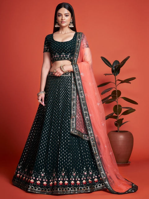 Green Pakistani Georgette Lehenga Choli For Indian Festivals & Weddings - Sequence Embroidery Work, Thread Embroidery Work, Clothsvilla Main image