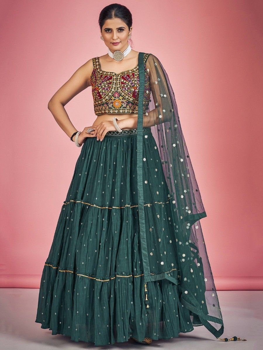 Green Pakistani Georgette Lehenga Choli For Indian Festivals & Weddings - Sequence Embroidery Work, Thread Embroidery Work, Mirror Work Clothsvilla Main image