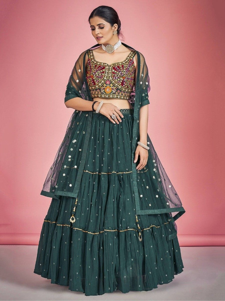 Green Pakistani Georgette Lehenga Choli For Indian Festivals & Weddings - Sequence Embroidery Work, Thread Embroidery Work, Mirror Work Clothsvilla