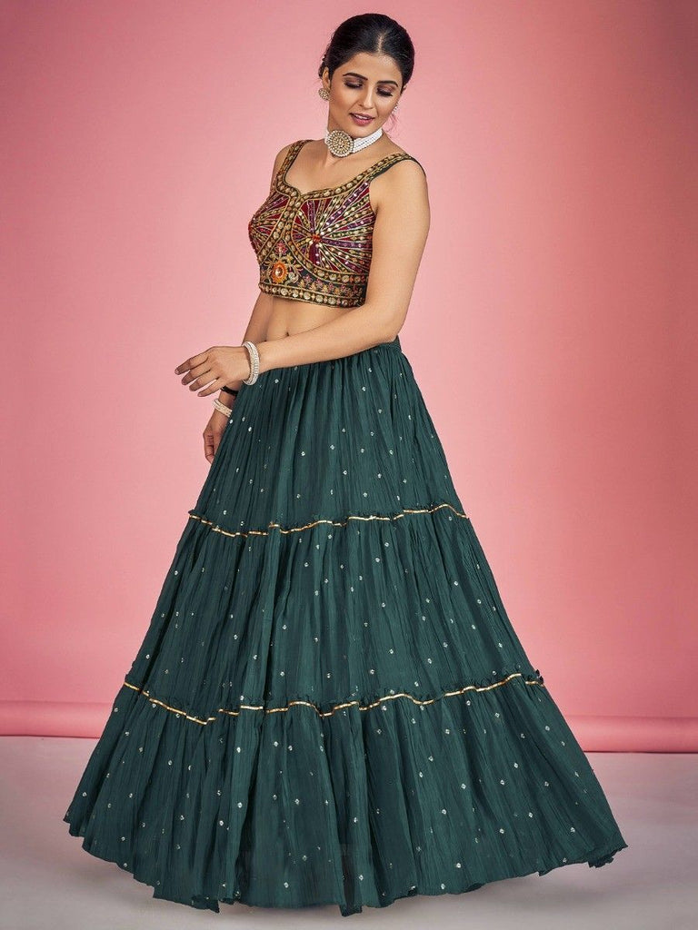 Green Pakistani Georgette Lehenga Choli For Indian Festivals & Weddings - Sequence Embroidery Work, Thread Embroidery Work, Mirror Work Clothsvilla