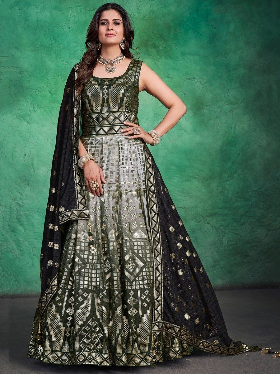 Green Pakistani Georgette Long Anarkali Gown For Indian Festivals & Weddings - Sequence Embroidery Work Clothsvilla