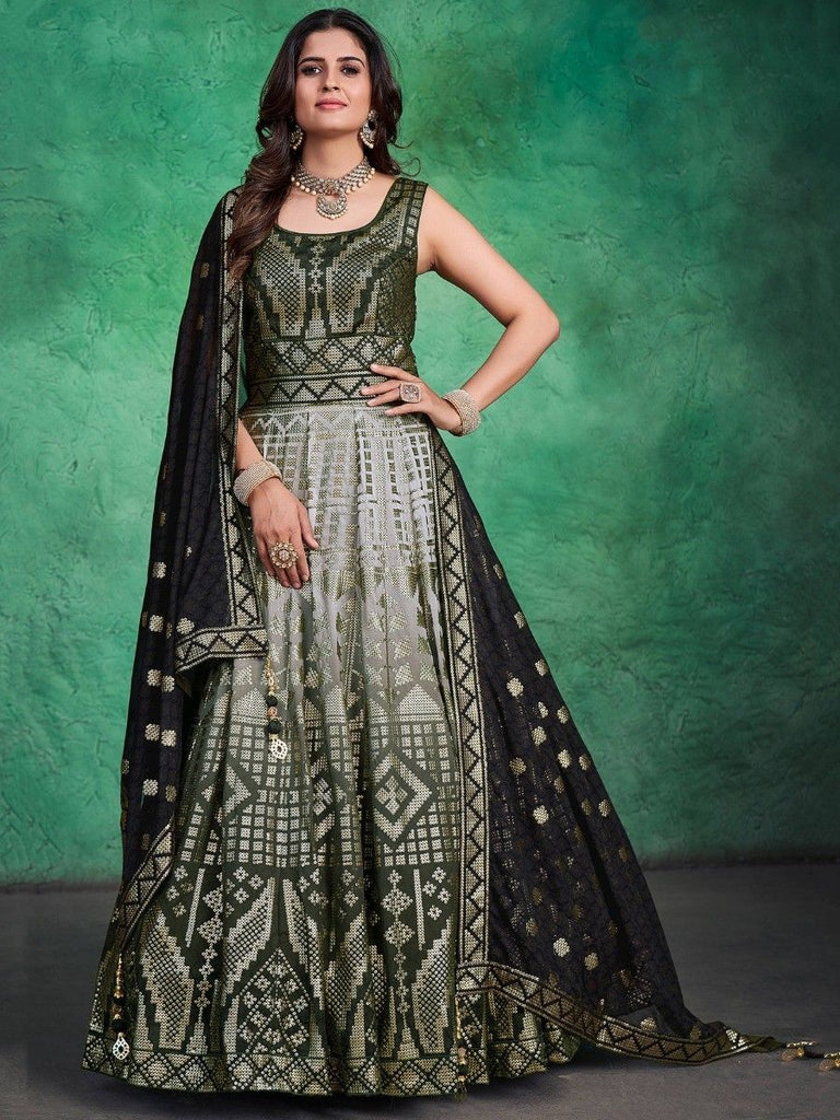 Green Pakistani Georgette Long Anarkali Gown For Indian Festivals & Weddings - Sequence Embroidery Work Clothsvilla