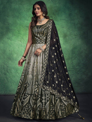 Green Pakistani Georgette Long Anarkali Gown For Indian Festivals & Weddings - Sequence Embroidery Work Clothsvilla