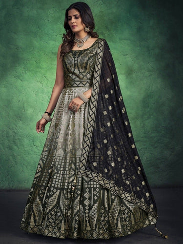 Green Pakistani Georgette Long Anarkali Gown For Indian Festivals & Weddings - Sequence Embroidery Work Clothsvilla