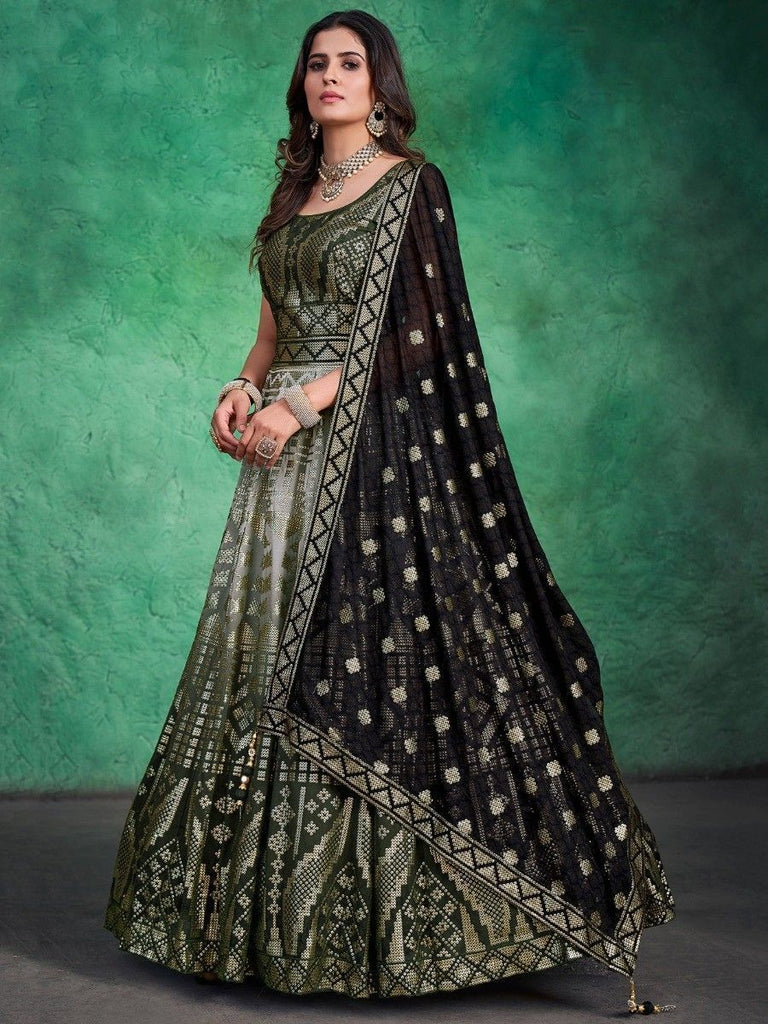 Green Pakistani Georgette Long Anarkali Gown For Indian Festivals & Weddings - Sequence Embroidery Work Clothsvilla
