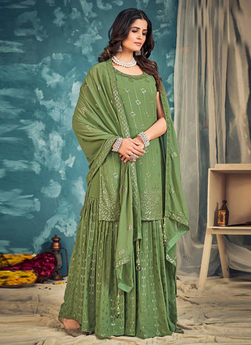 Green Pakistani Georgette Sharara For Indian Festivals & Weddings - Sequence Embroidery Work, Zari Work Clothsvilla
