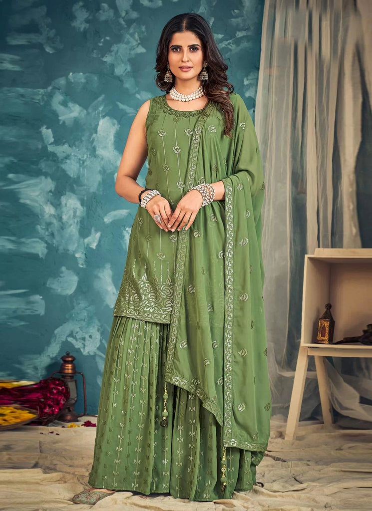 Green Pakistani Georgette Sharara For Indian Festivals & Weddings - Sequence Embroidery Work, Zari Work Clothsvilla