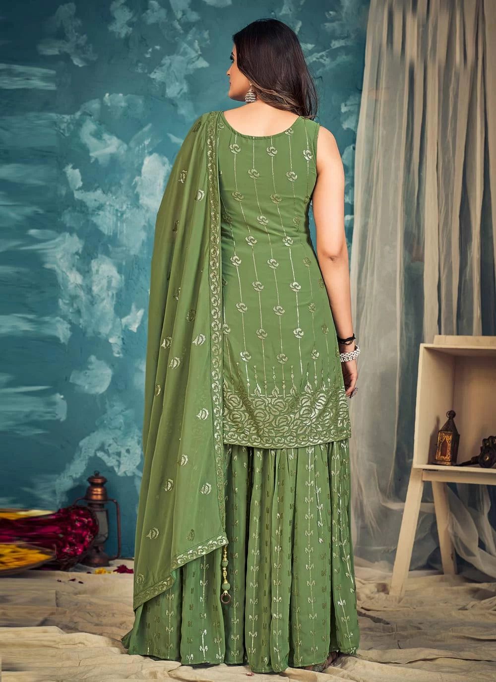 Green Pakistani Georgette Sharara For Indian Festivals & Weddings - Sequence Embroidery Work, Zari Work Clothsvilla