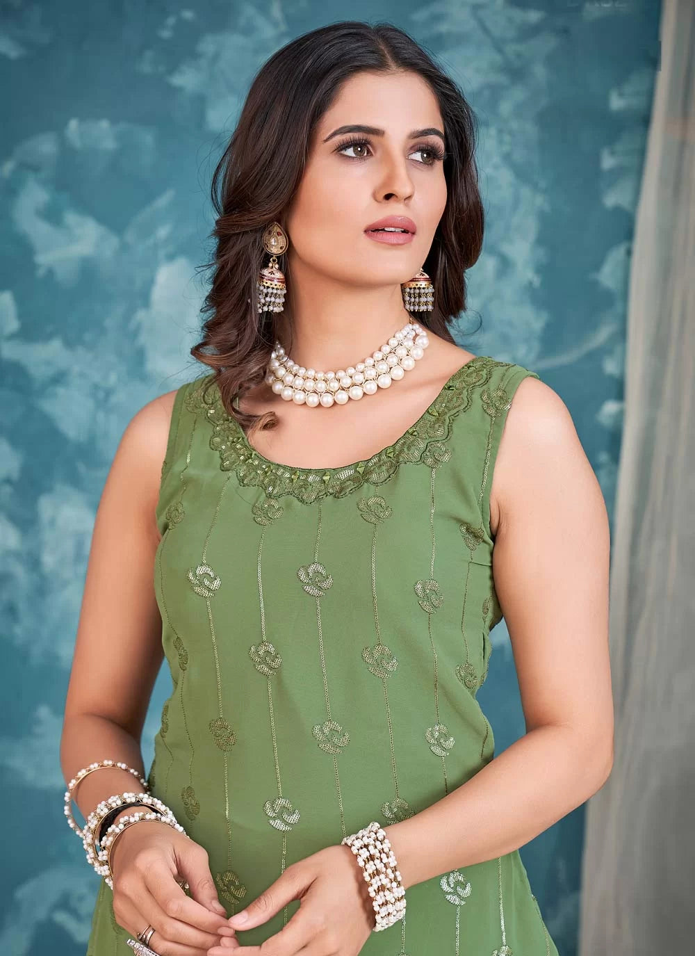 Green Pakistani Georgette Sharara For Indian Festivals & Weddings - Sequence Embroidery Work, Zari Work Clothsvilla