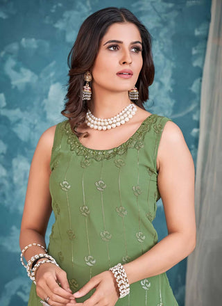 Green Pakistani Georgette Sharara For Indian Festivals & Weddings - Sequence Embroidery Work, Zari Work Clothsvilla