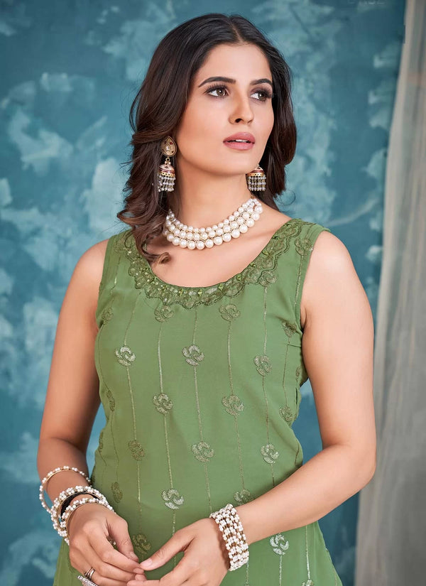 Green Pakistani Georgette Sharara For Indian Festivals & Weddings - Sequence Embroidery Work, Zari Work Clothsvilla