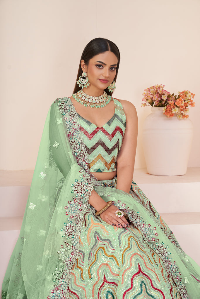 Mesmerizing Green Party Wear Lehenga Choli Set ClothsVilla