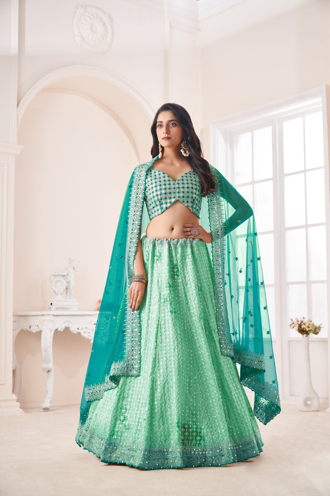 Shimmering Green Party Wear Lehenga Choli Set - Embroidered Elegance ClothsVilla