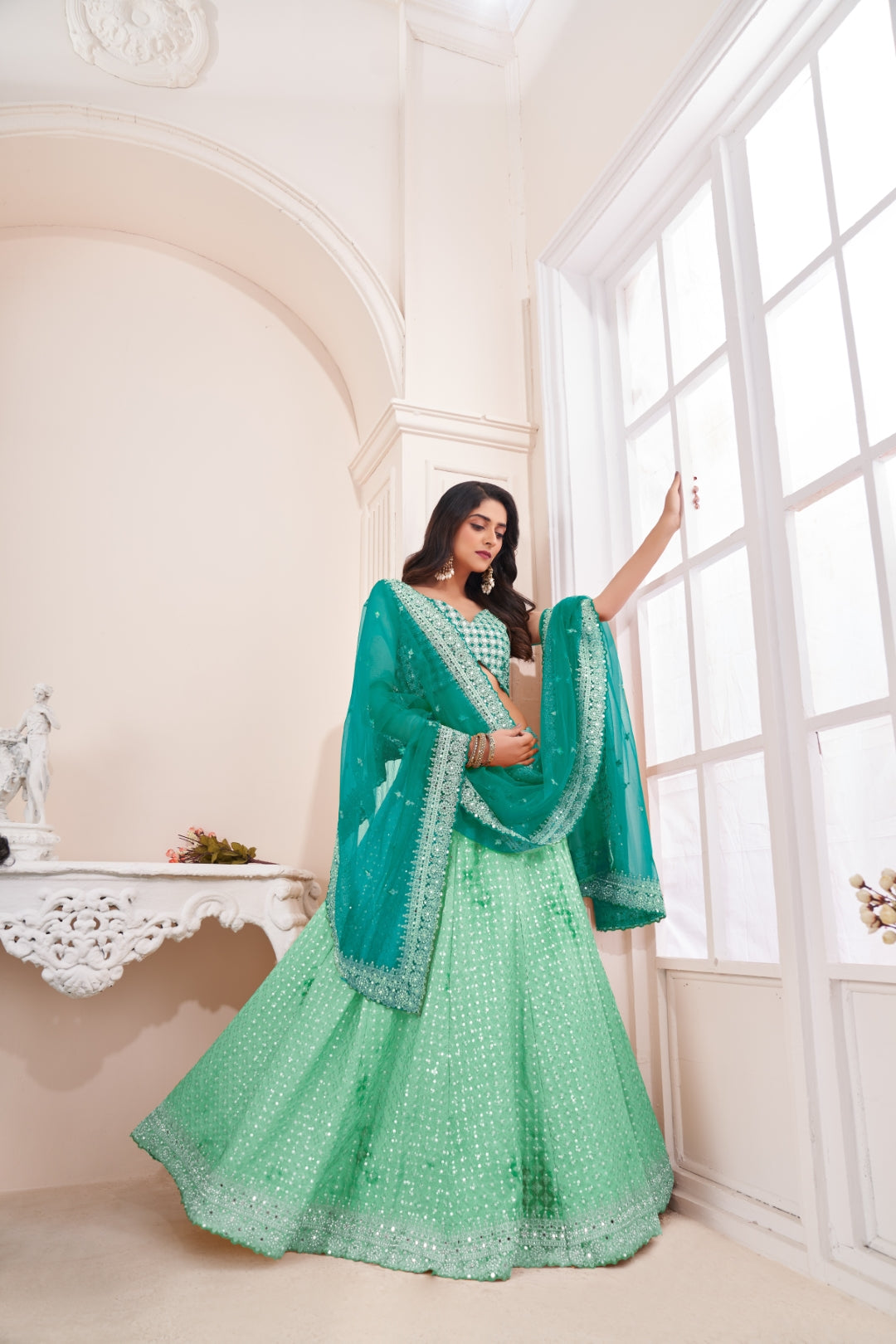 Shimmering Green Party Wear Lehenga Choli Set - Embroidered Elegance ClothsVilla