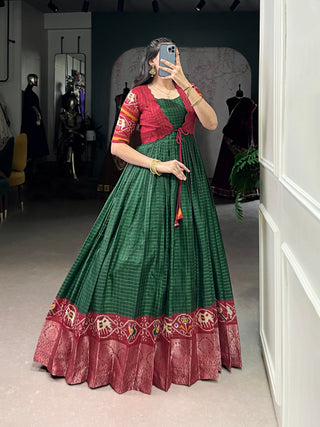 Green Patola Print Tasar Chex Gown with Matching Koti – Stitched Ethnic Wear Set with Weaving Border & Micro Cotton Lining ClothsVilla