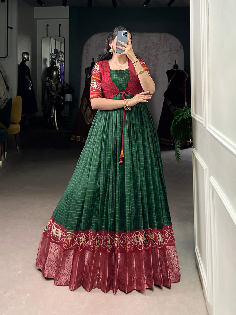 Green Patola Print Tasar Chex Gown with Matching Koti – Stitched Ethnic Wear Set with Weaving Border & Micro Cotton Lining ClothsVilla