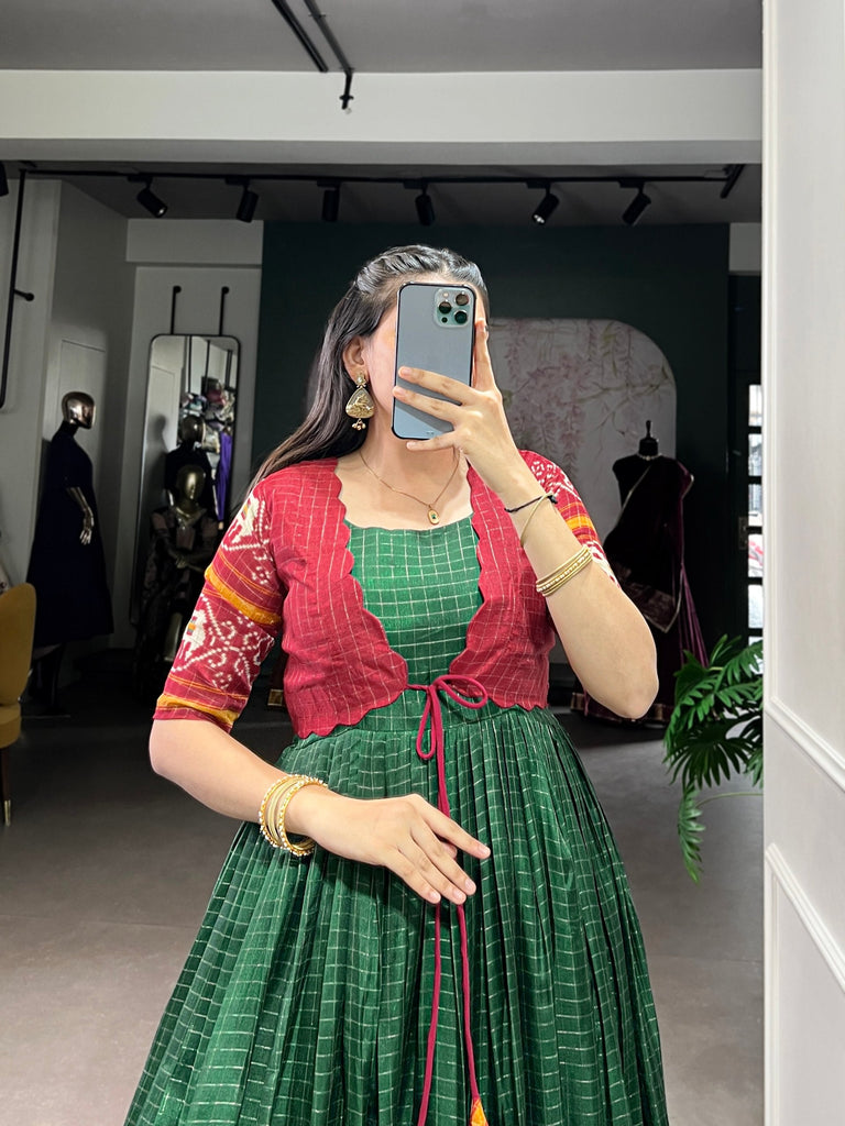 Green Patola Print Tasar Chex Gown with Matching Koti – Stitched Ethnic Wear Set with Weaving Border & Micro Cotton Lining ClothsVilla