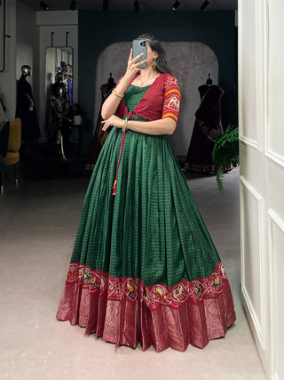 Green Patola Print Tasar Chex Gown with Matching Koti – Stitched Ethnic Wear Set with Weaving Border & Micro Cotton Lining ClothsVilla