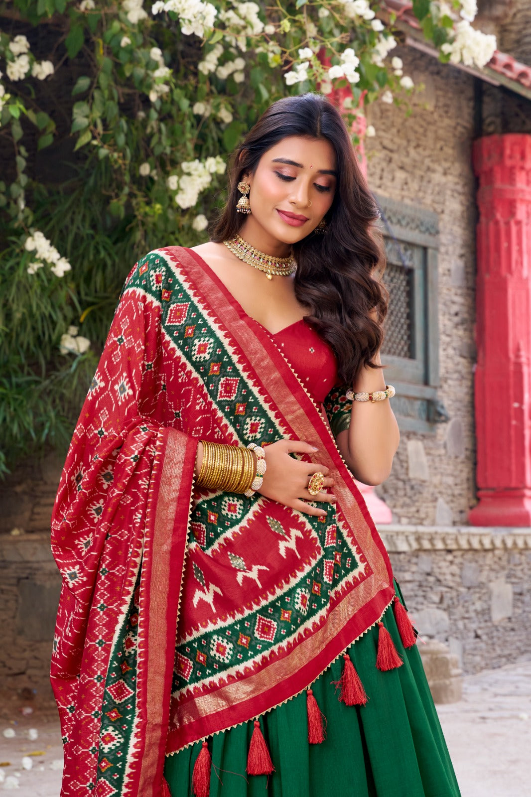 Green Patola Print Tussar Silk Lehenga Set with Gotta Patti Dupatta ClothsVilla