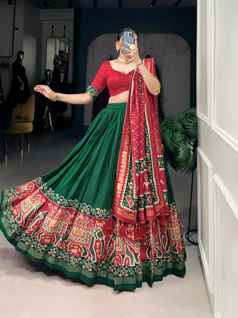 Green Patola Print Tussar Silk Lehenga Set with Gotta Patti Dupatta ClothsVilla