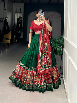 Green Patola Print Tussar Silk Lehenga Set with Gotta Patti Dupatta ClothsVilla