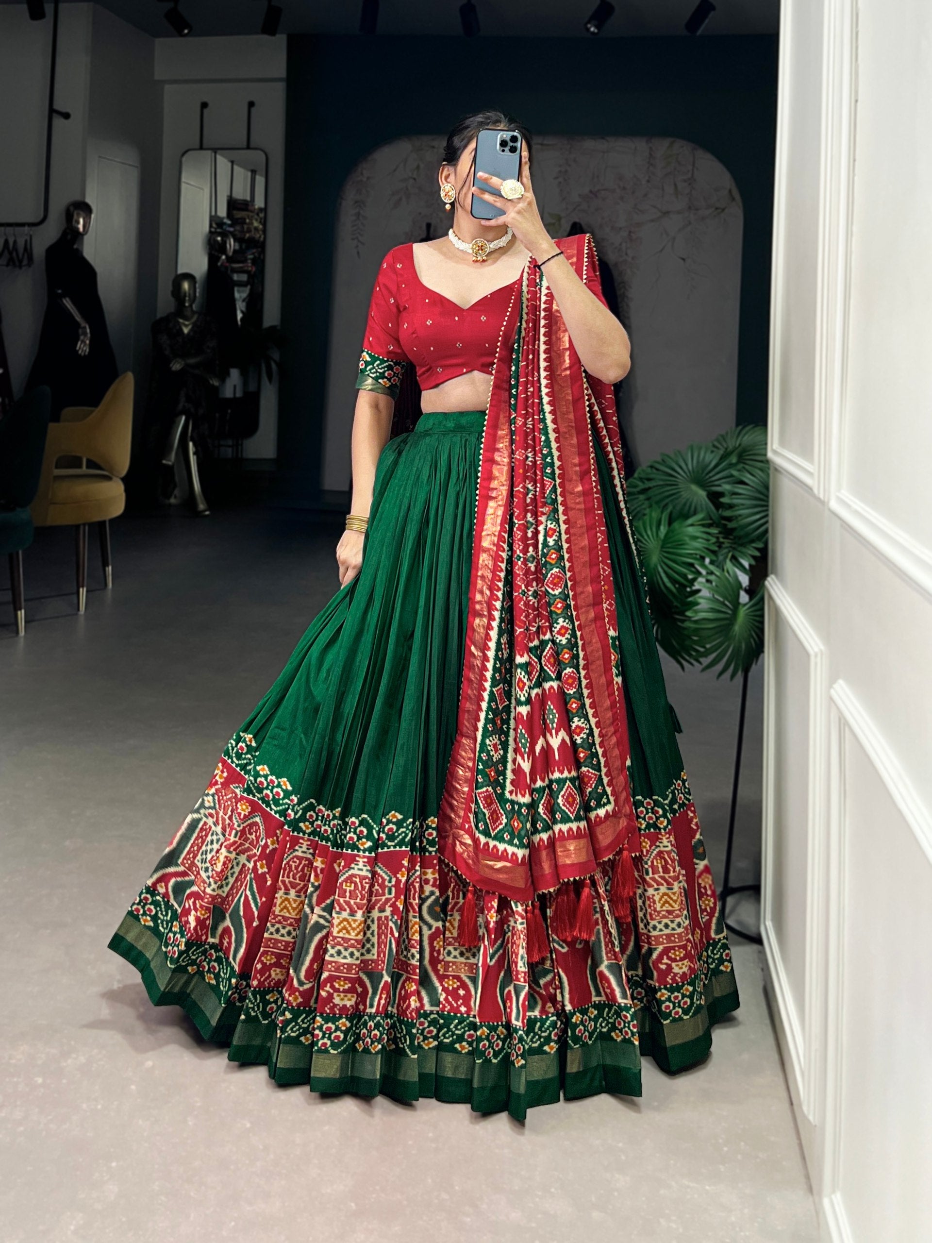 Green Patola Print Tussar Silk Lehenga Set with Gotta Patti Dupatta ClothsVilla
