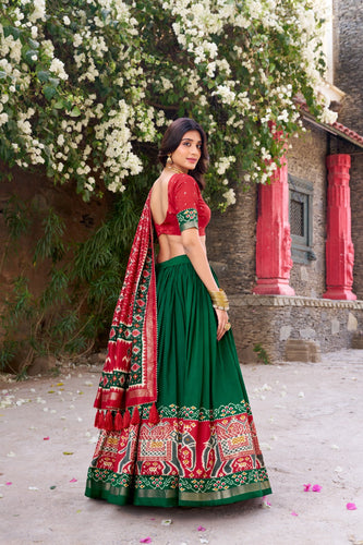 Green Patola Print Tussar Silk Lehenga Set with Gotta Patti Dupatta ClothsVilla