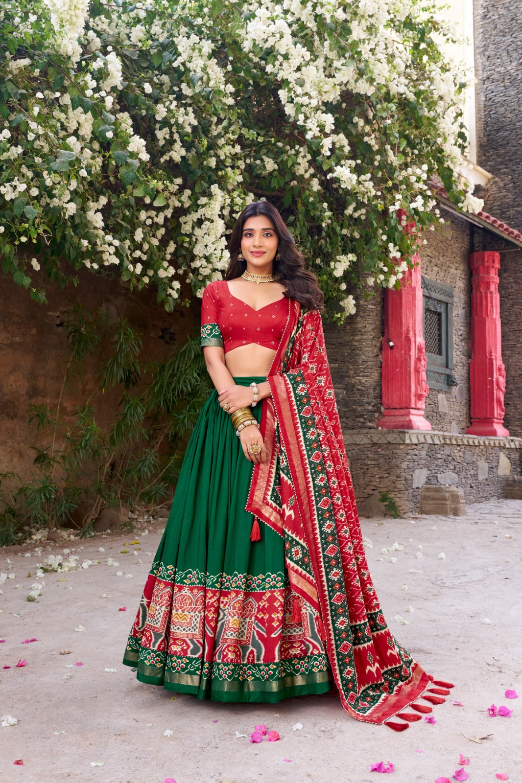 Green Patola Print Tussar Silk Lehenga Set with Gotta Patti Dupatta ClothsVilla