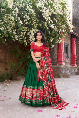 Green Patola Print Tussar Silk Lehenga Set with Gotta Patti Dupatta ClothsVilla