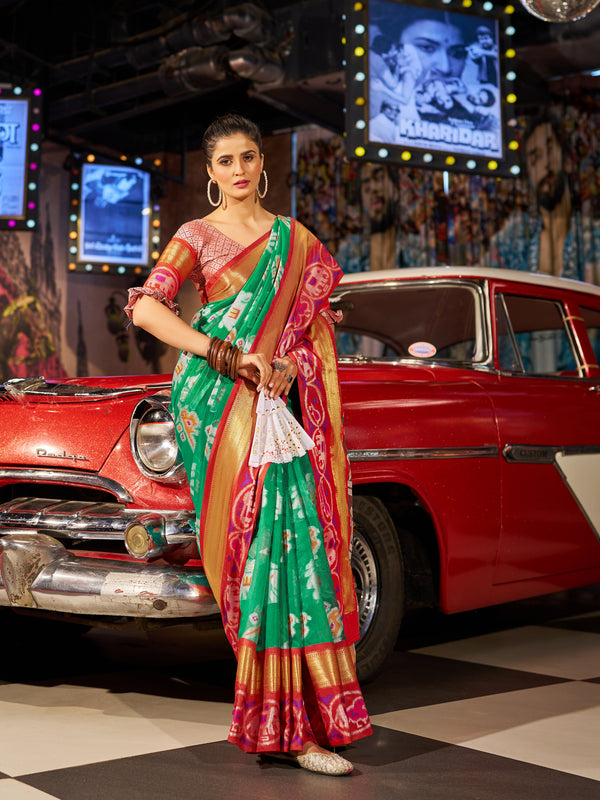 Enchanting Green Patola Silk Saree with Exquisite Weaving Work ClothsVilla