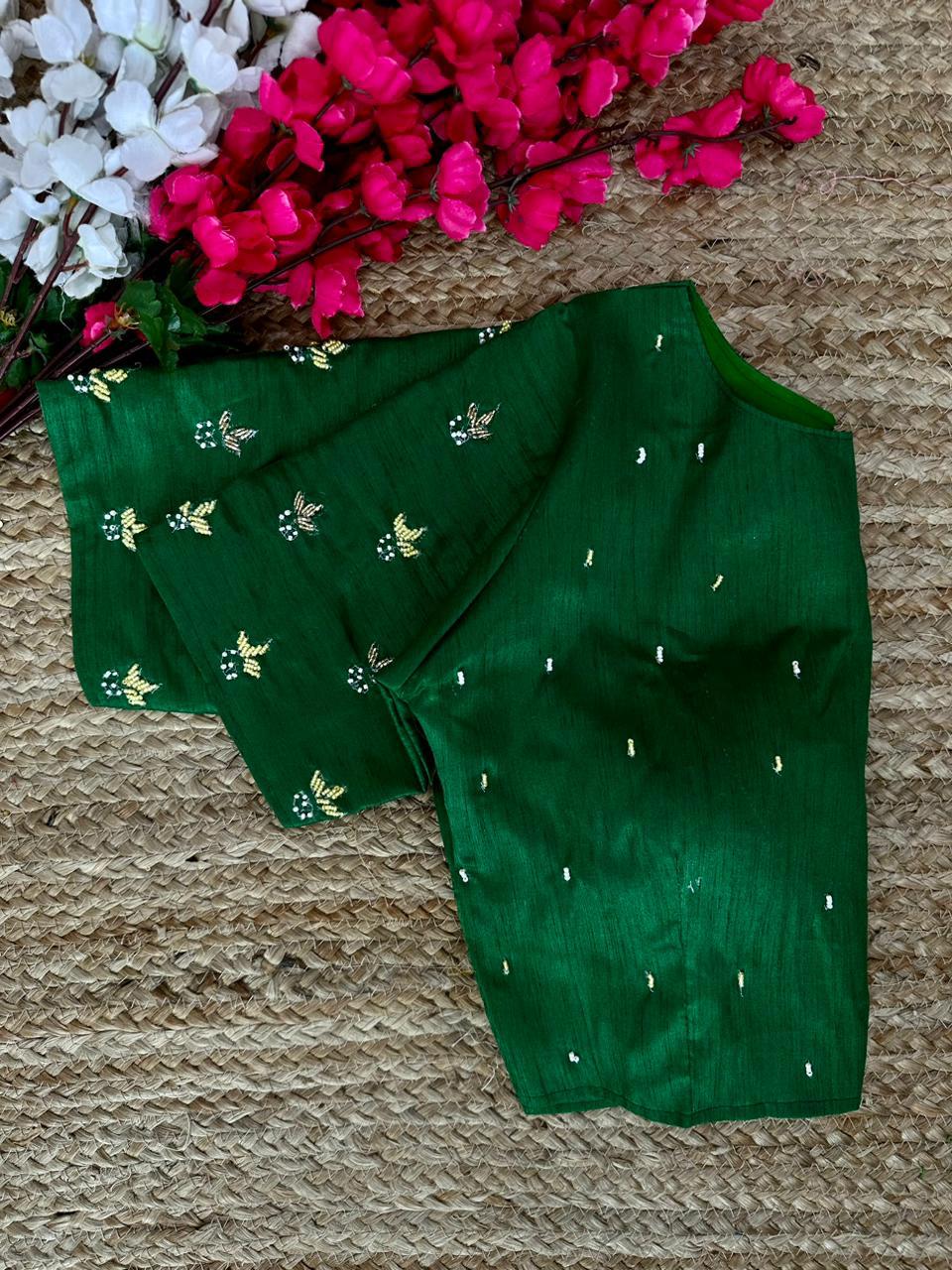 Green Pearl-Embellished german silk Blouse with Handcrafted Golden Work ClothsVilla Main image